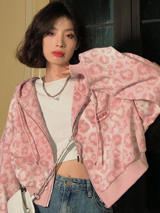 Y2K Pink Leopard Hoodie Jacket