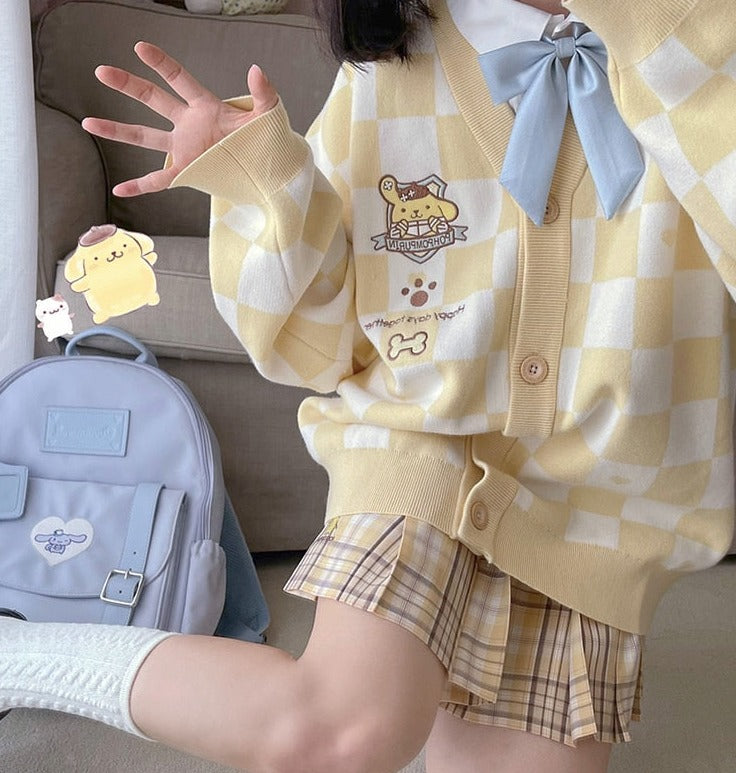 Pompompurin Yellow Checker Cardigan Sweater
