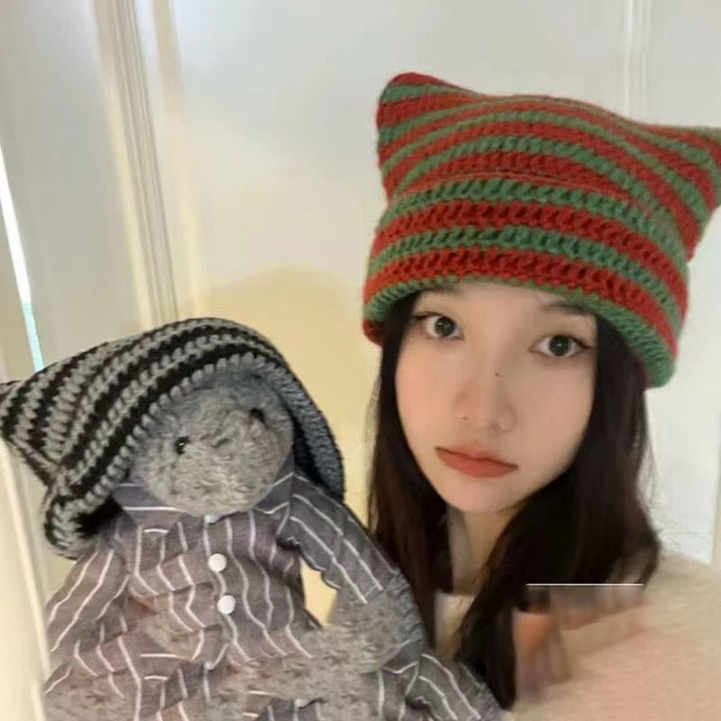 90s Grunge Cat Ears Striped Knitted Beanie