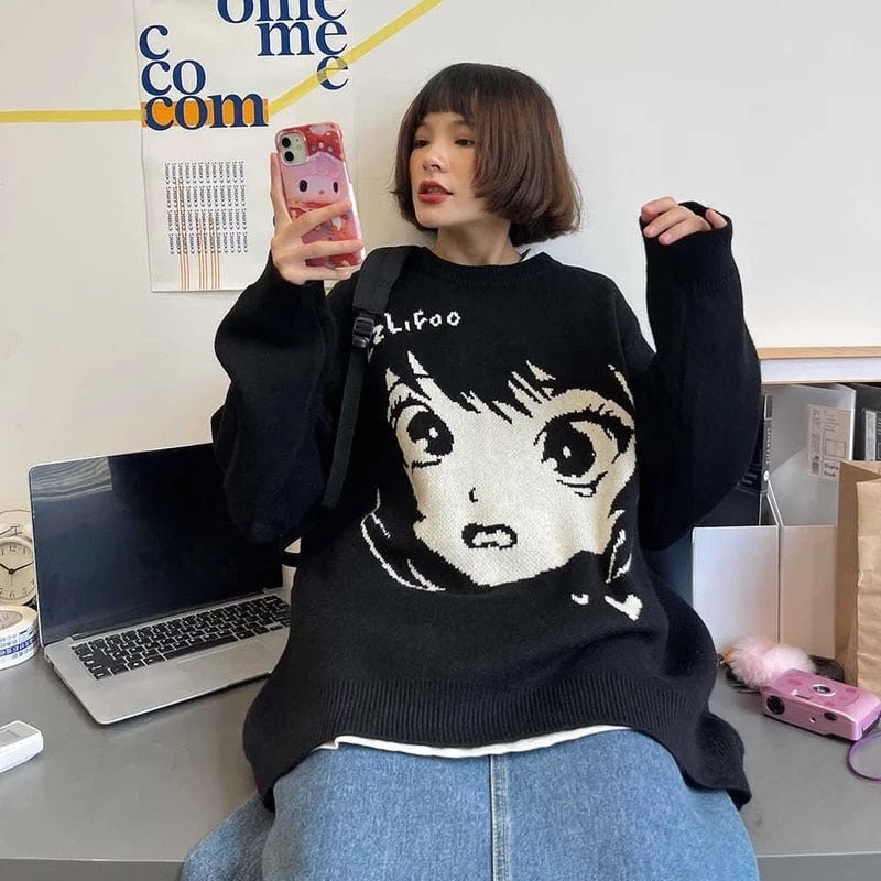 Oversize Anime Girl Black Sweater