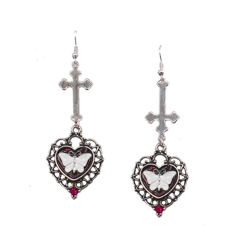 Cross Heart White Butterfly Earrings