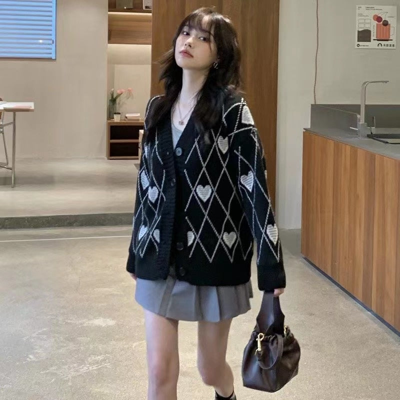 Knitted Cardigan Argyle Heart Sweater