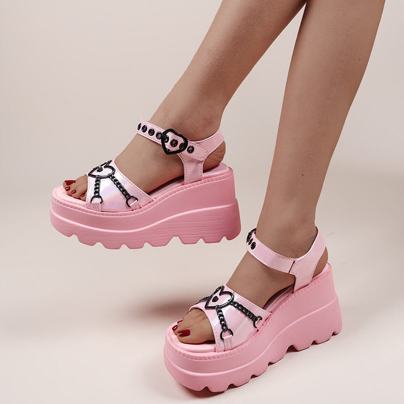 Pastel Goth Platform Sandals Metal Chain