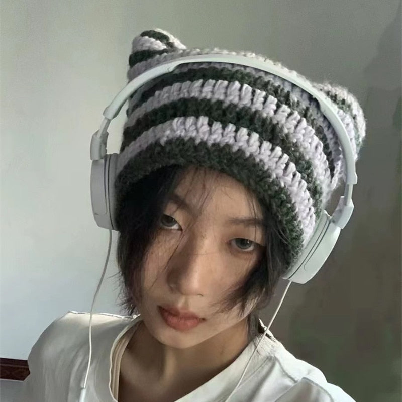 90s Grunge Cat Ears Striped Knitted Beanie