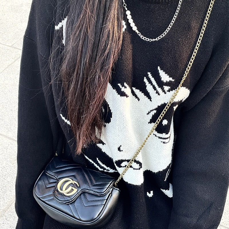 Oversize Anime Girl Black Sweater
