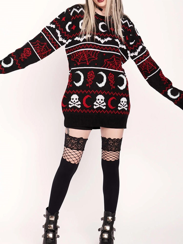 Winter Knitted Sweater Gothic Moon Skull
