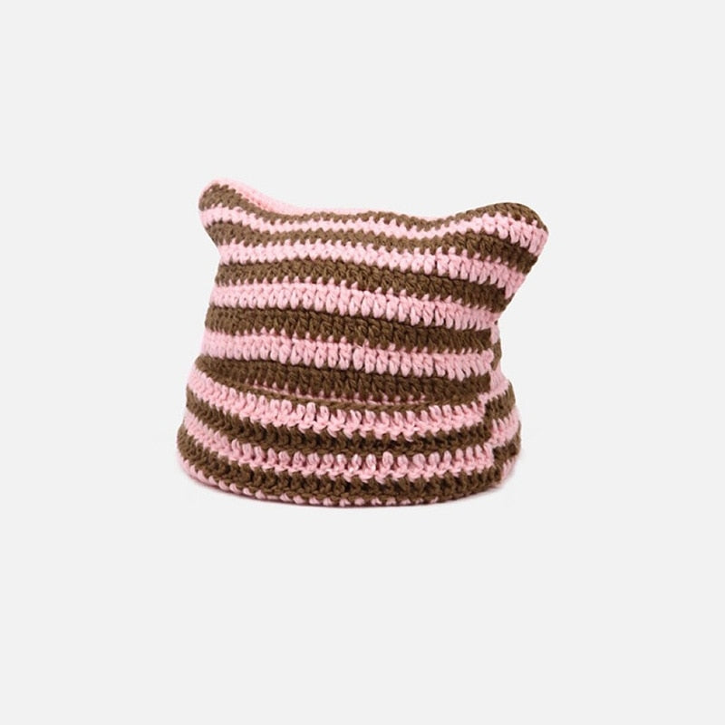 90s Grunge Cat Ears Striped Knitted Beanie