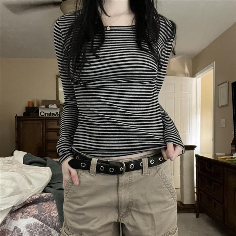 90s Grunge Striped Long Sleeves Top