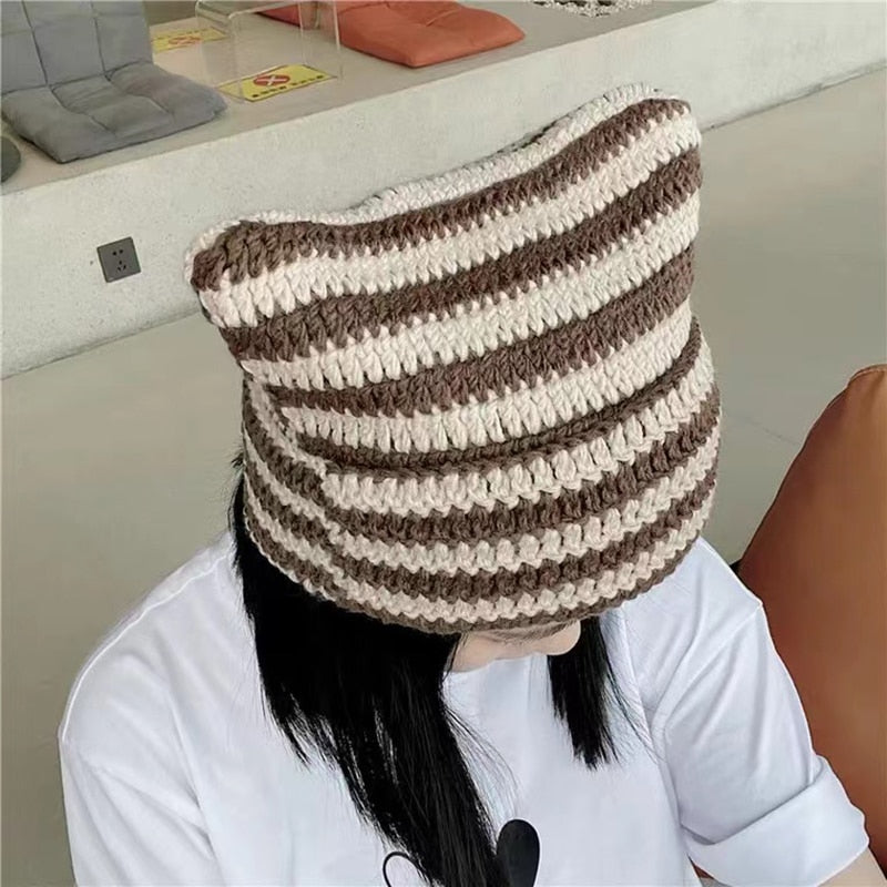 90s Grunge Cat Ears Striped Knitted Beanie