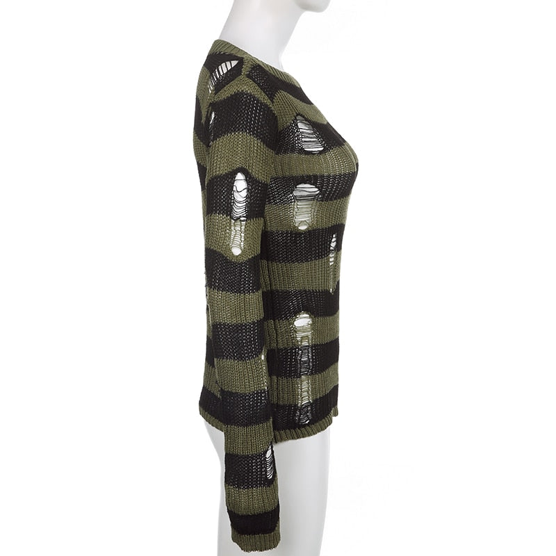 Grunge Distressed Green Striped Sweater
