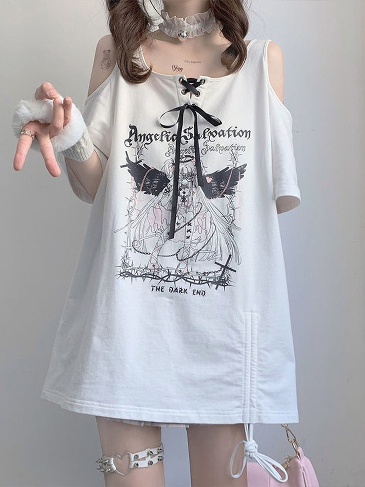 Egirl Dark Grunge Anime Off Shoulder White T-Shirt