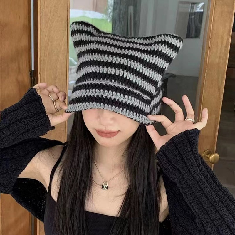 90s Grunge Cat Ears Striped Knitted Beanie