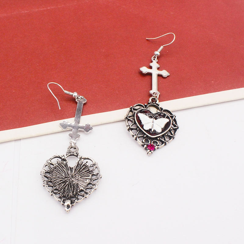 Cross Heart White Butterfly Earrings