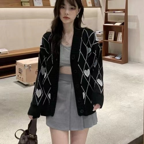 Knitted Cardigan Argyle Heart Sweater