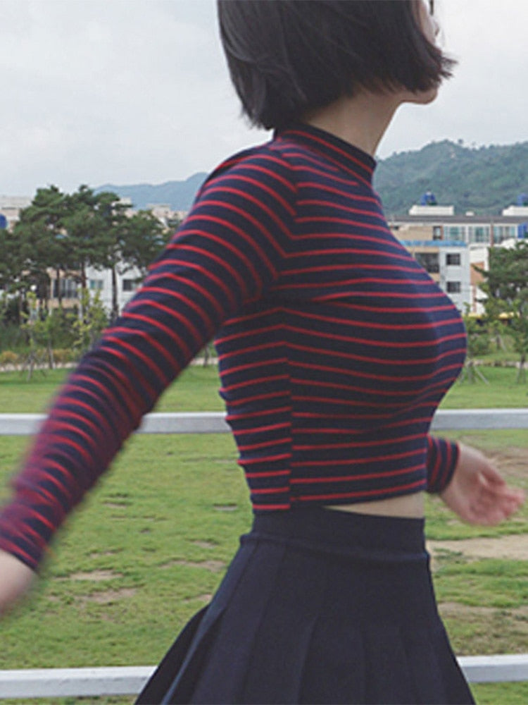 90s Striped Long Sleeves Crop Top