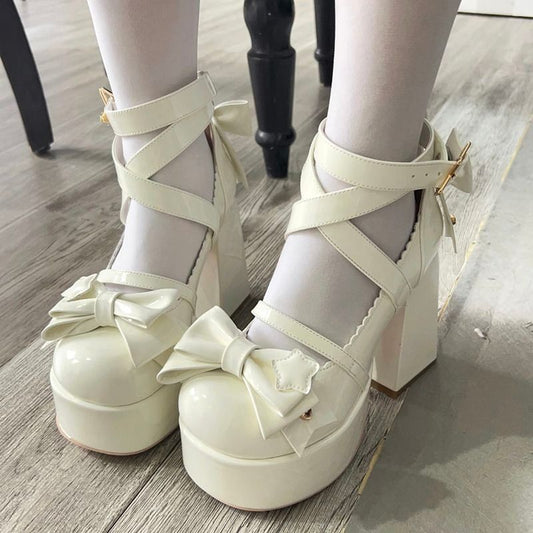 Sweet Bow White Mary Janes High Heels