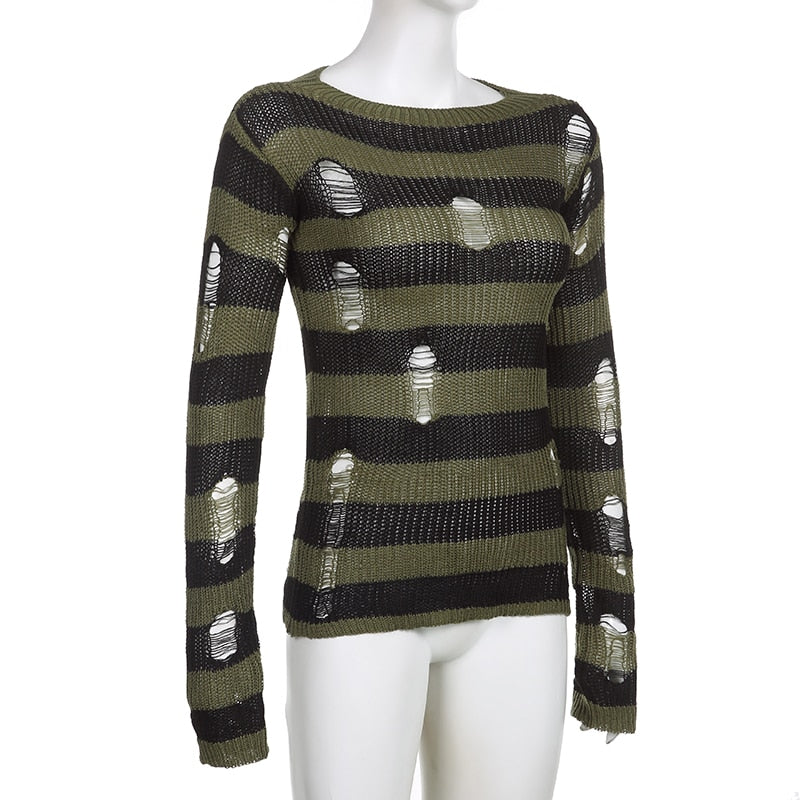 Grunge Distressed Green Striped Sweater