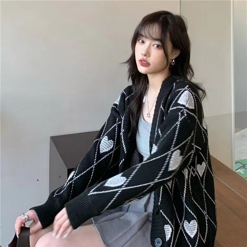 Knitted Cardigan Argyle Heart Sweater