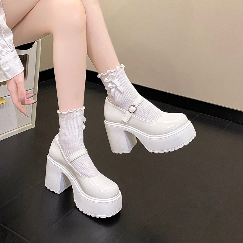 Coquette Mary Janes Platform Shoes White