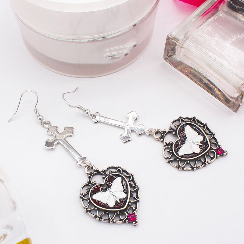 Cross Heart White Butterfly Earrings