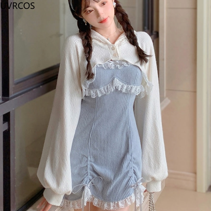 Soft Girl Lace Bows Blue Dress