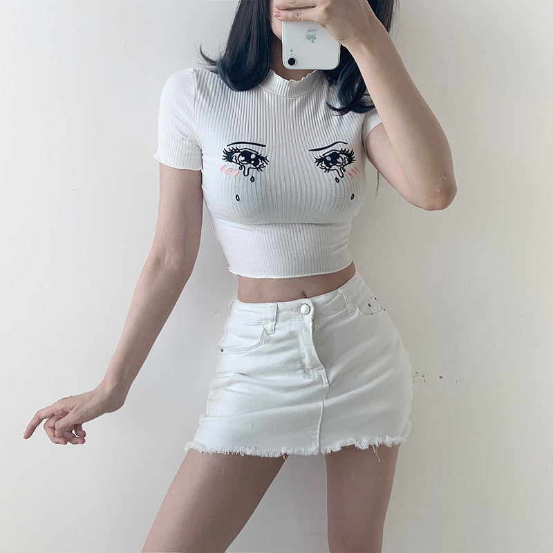 Y2K Anime Girl Crying Eyes Top