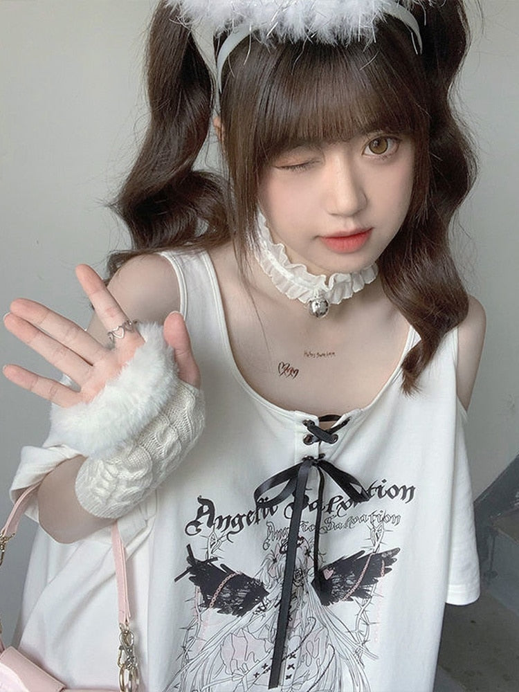 Egirl Dark Grunge Anime Off Shoulder Black T-Shirt
