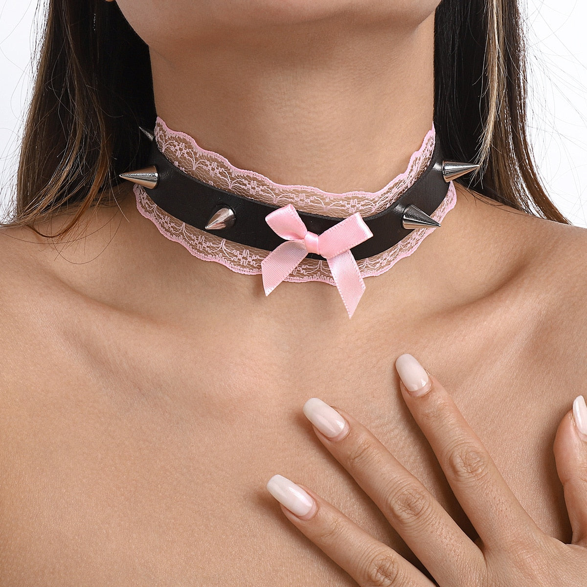 Gothic Lolita Black Pink Lace Choker