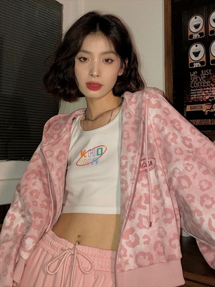 Y2K Pink Leopard Hoodie Jacket