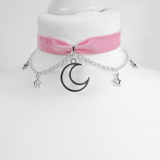 Moon and Stars Pink Choker Necklace