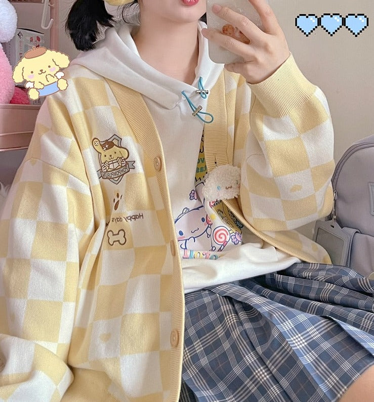 Pompompurin Yellow Checker Cardigan Sweater