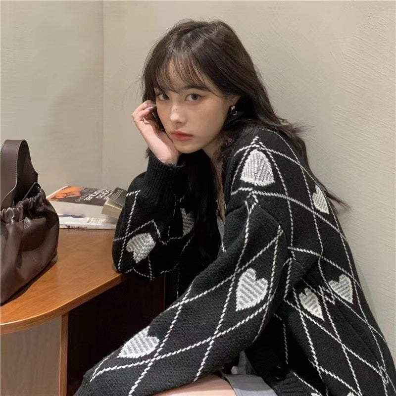 Knitted Cardigan Argyle Heart Sweater