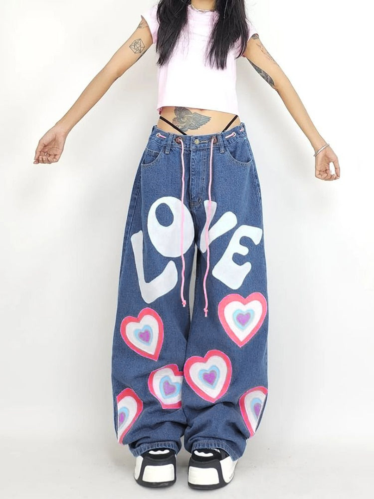 Aesthetic Y2K Indie Girl Heart Baggy Jeans Wide Pants for Women