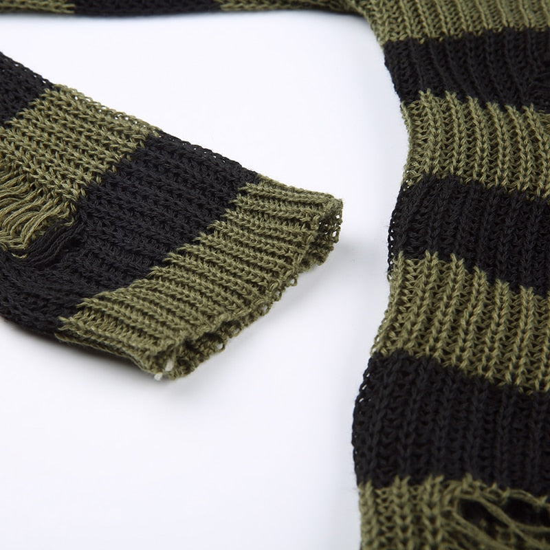Grunge Distressed Green Striped Sweater