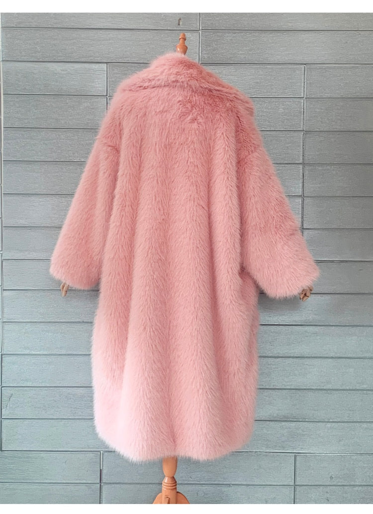 Y2K Long Oversized Pink Fluffy Faux Fur Coat