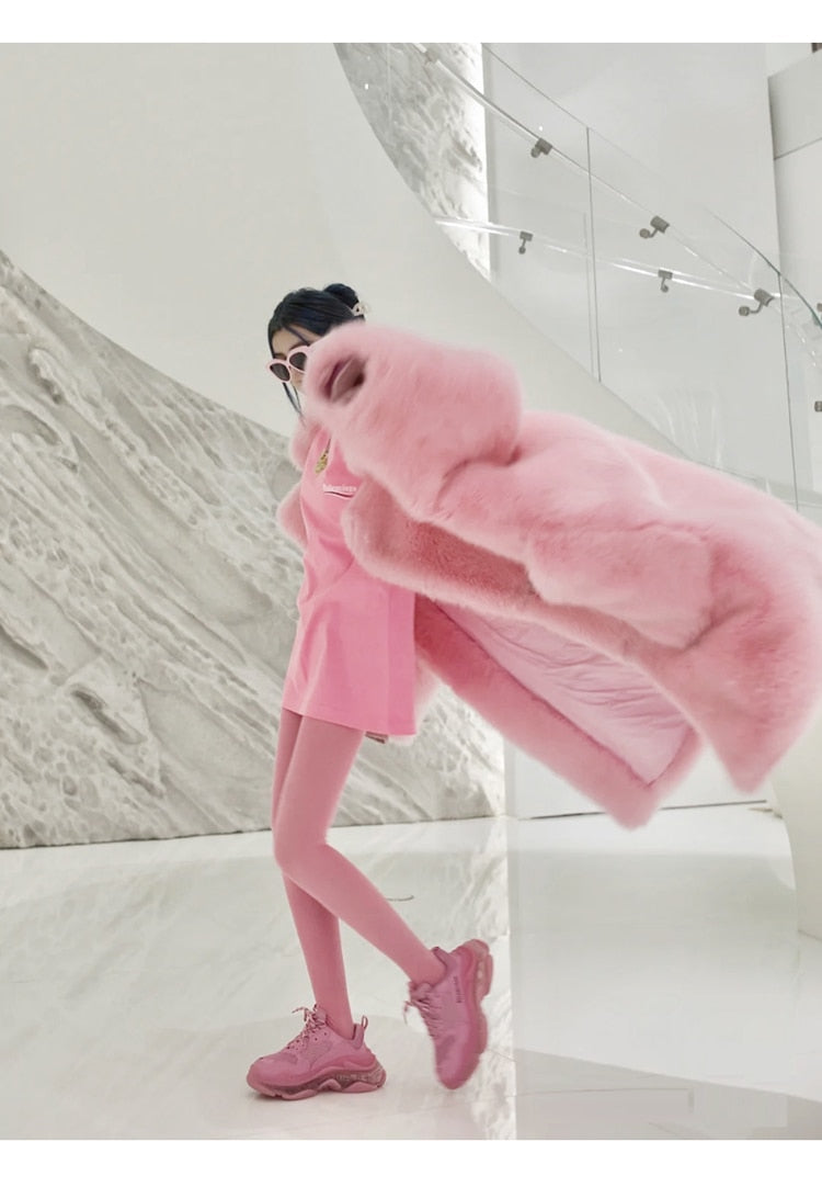 Y2K Long Oversized Pink Fluffy Faux Fur Coat