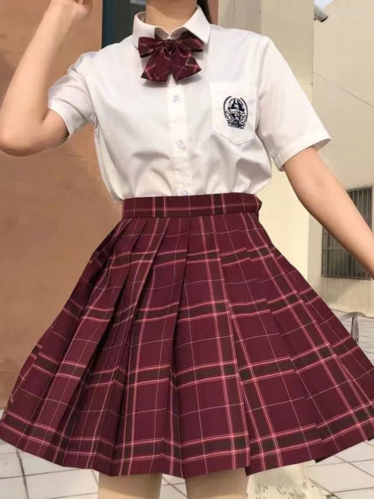 Preppy Pleated Plaid Skirt with Bow Burgundy