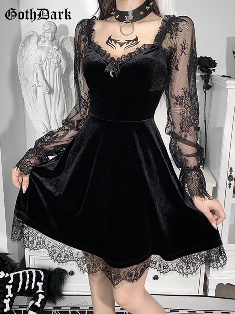Dark Goth Aesthetic Velours Vampire A-Line Dress Gothic Lace Aesthetics Boutique Dark Goth Aesthetic Velours Vampire A-Line Dress Gothic Lace Aesthetics Boutique