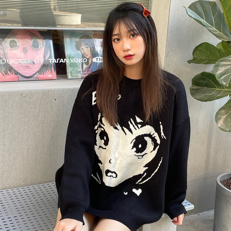 Oversize Anime Girl Black Sweater