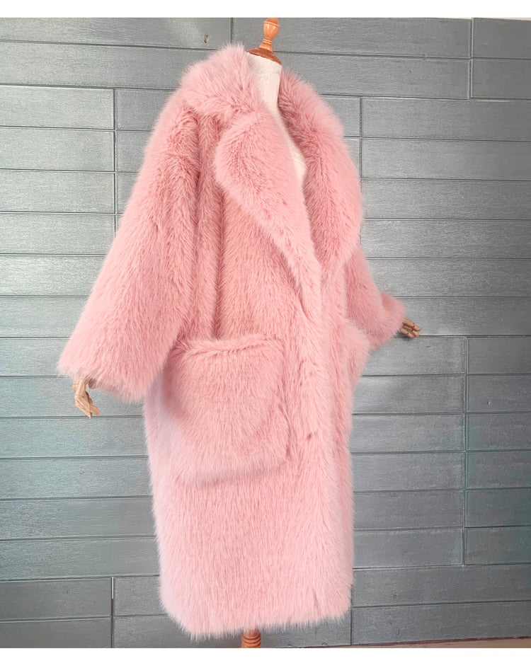 Y2K Long Oversized Pink Fluffy Faux Fur Coat