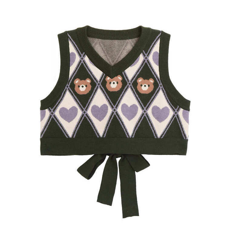 Kawaii Sweater Vest Bear Hearts Argyle