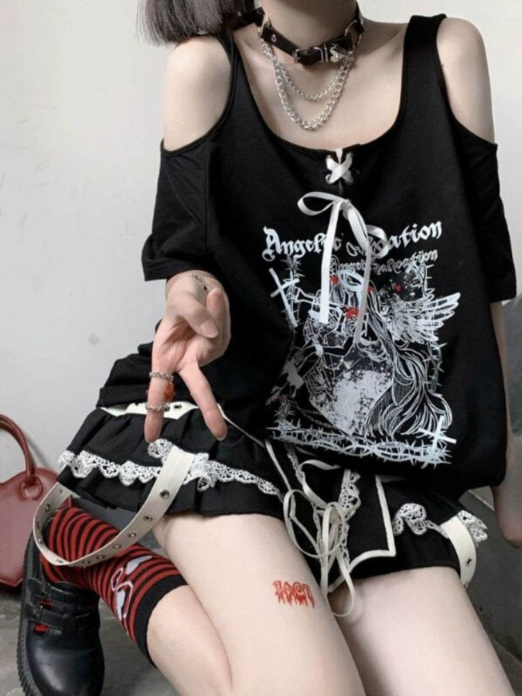 Egirl Dark Grunge Anime Off Shoulder White T-Shirt