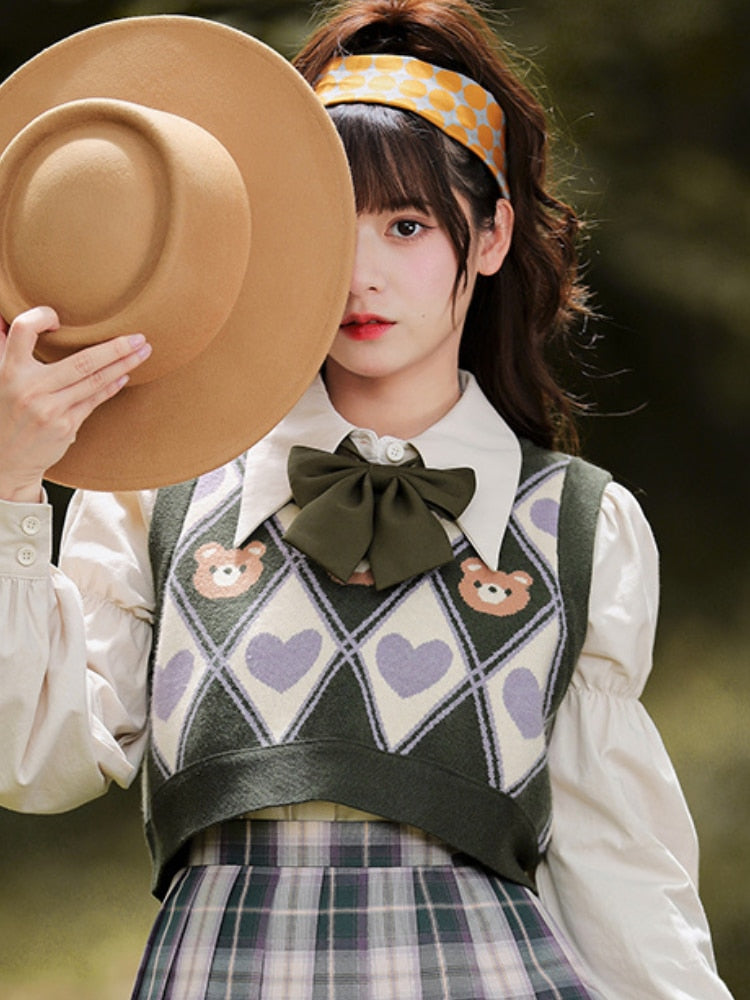 Kawaii Sweater Vest Bear Hearts Argyle