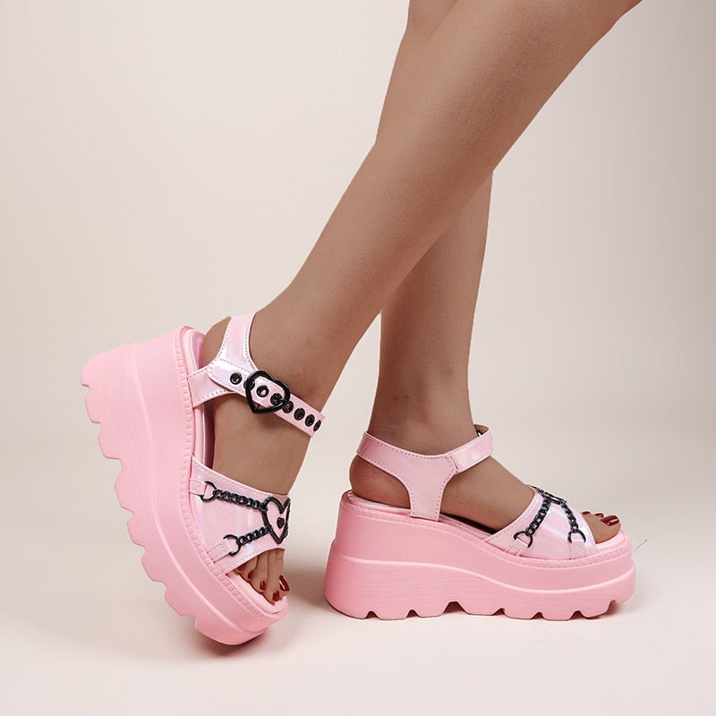 Pastel Goth Platform Sandals Metal Chain