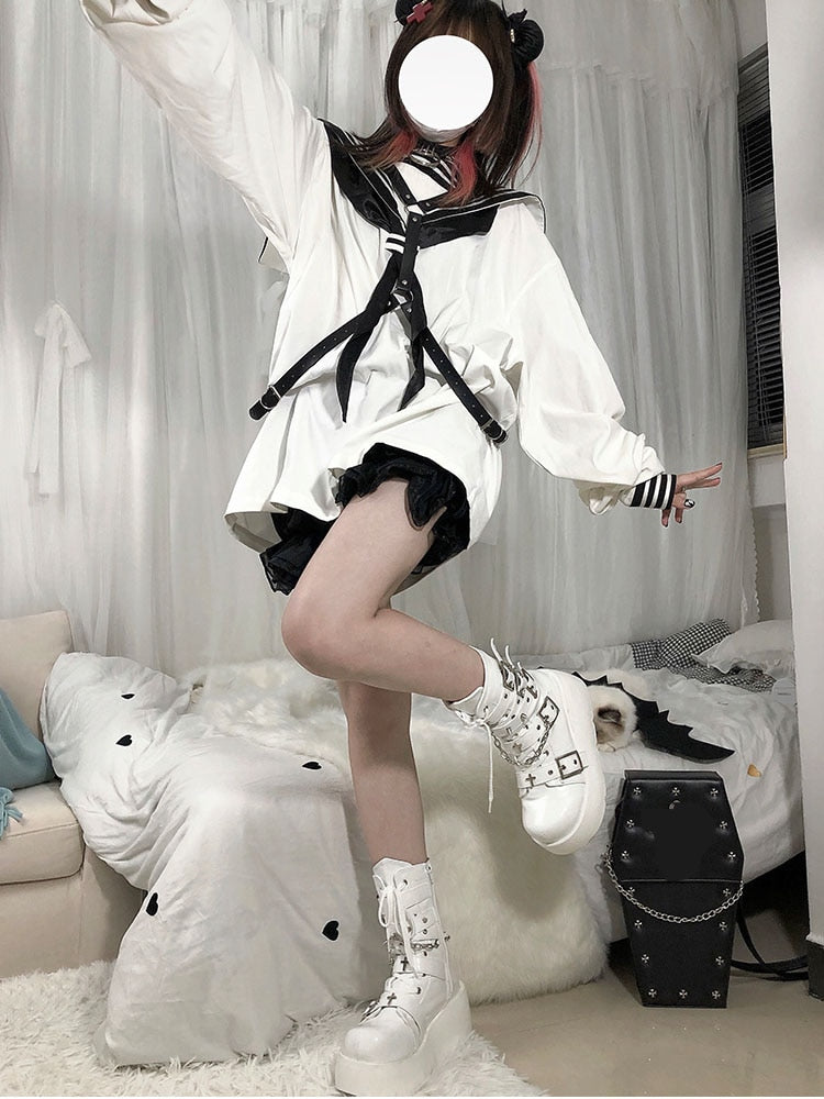 Pastel Goth Motorcycle Boots White
