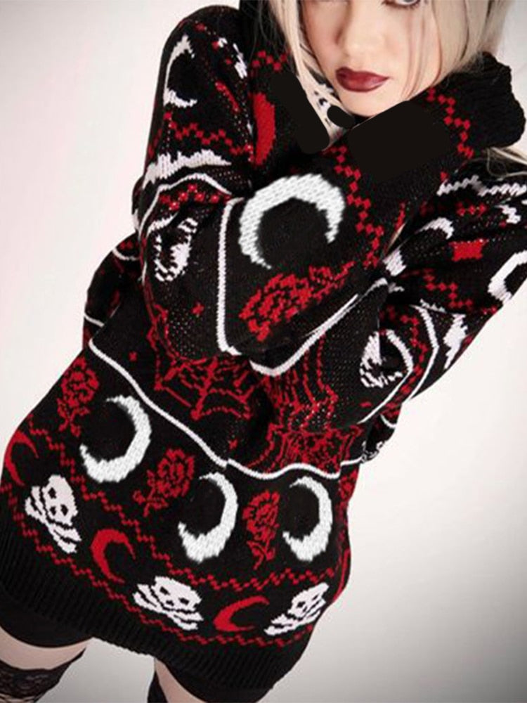 Winter Knitted Sweater Gothic Moon Skull