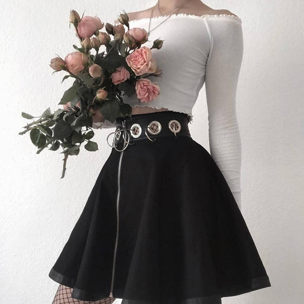 Dark Goth Zipper Rings A-Line Skirt