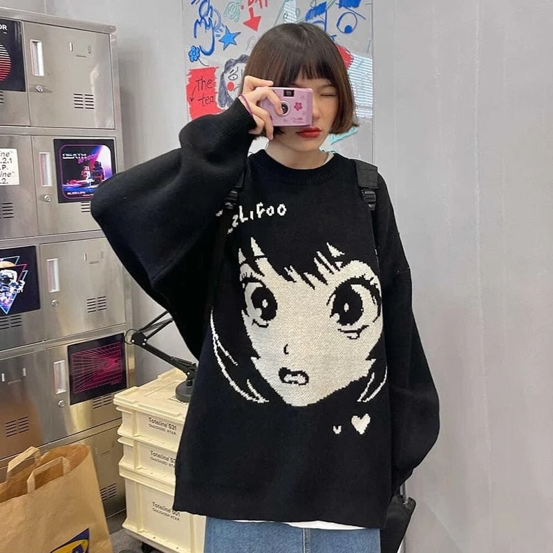 Oversize Anime Girl Black Sweater
