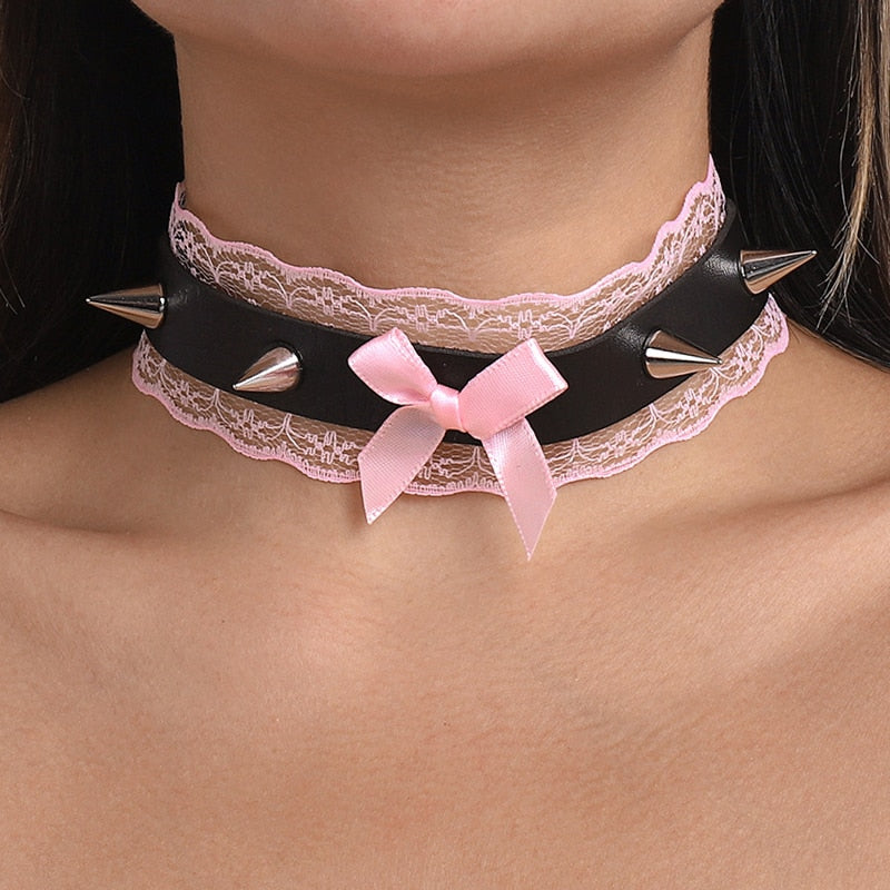 Gothic Lolita Black Pink Lace Choker