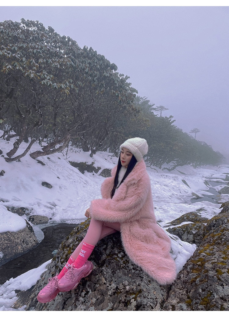 Y2K Long Oversized Pink Fluffy Faux Fur Coat